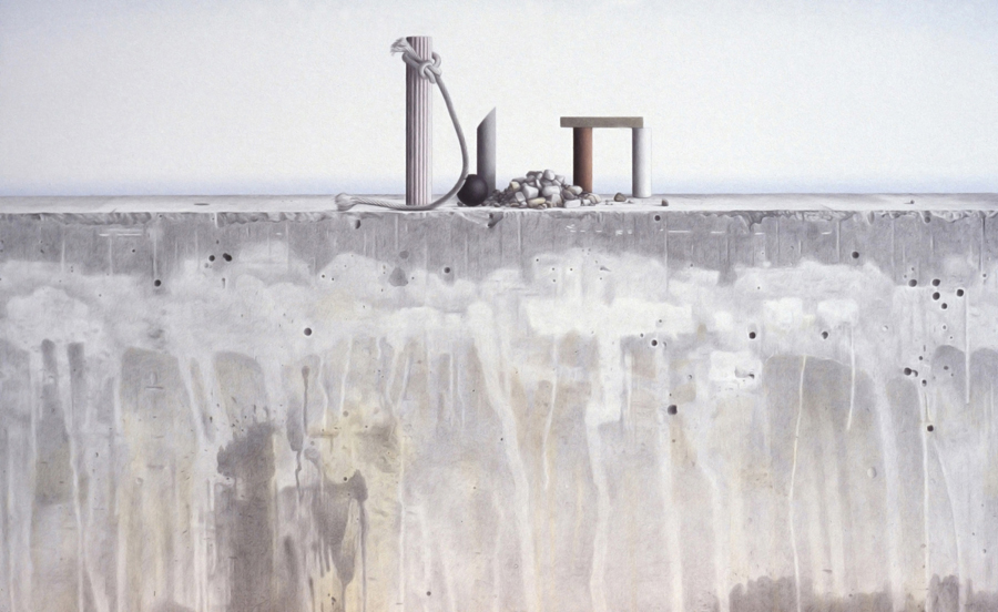 Seawall, objects, ocean, 1998, coloured pencil and watercolour on paper, 69 x 109 cm